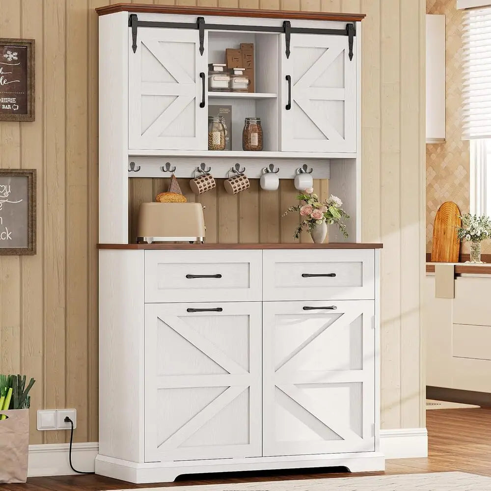 IRONCK 72" Kitchen Pantry Storage Cabinet, Farmhouse Kitchen Hutch with Microwave Stand & Charging Station, Trash Can Cabinet