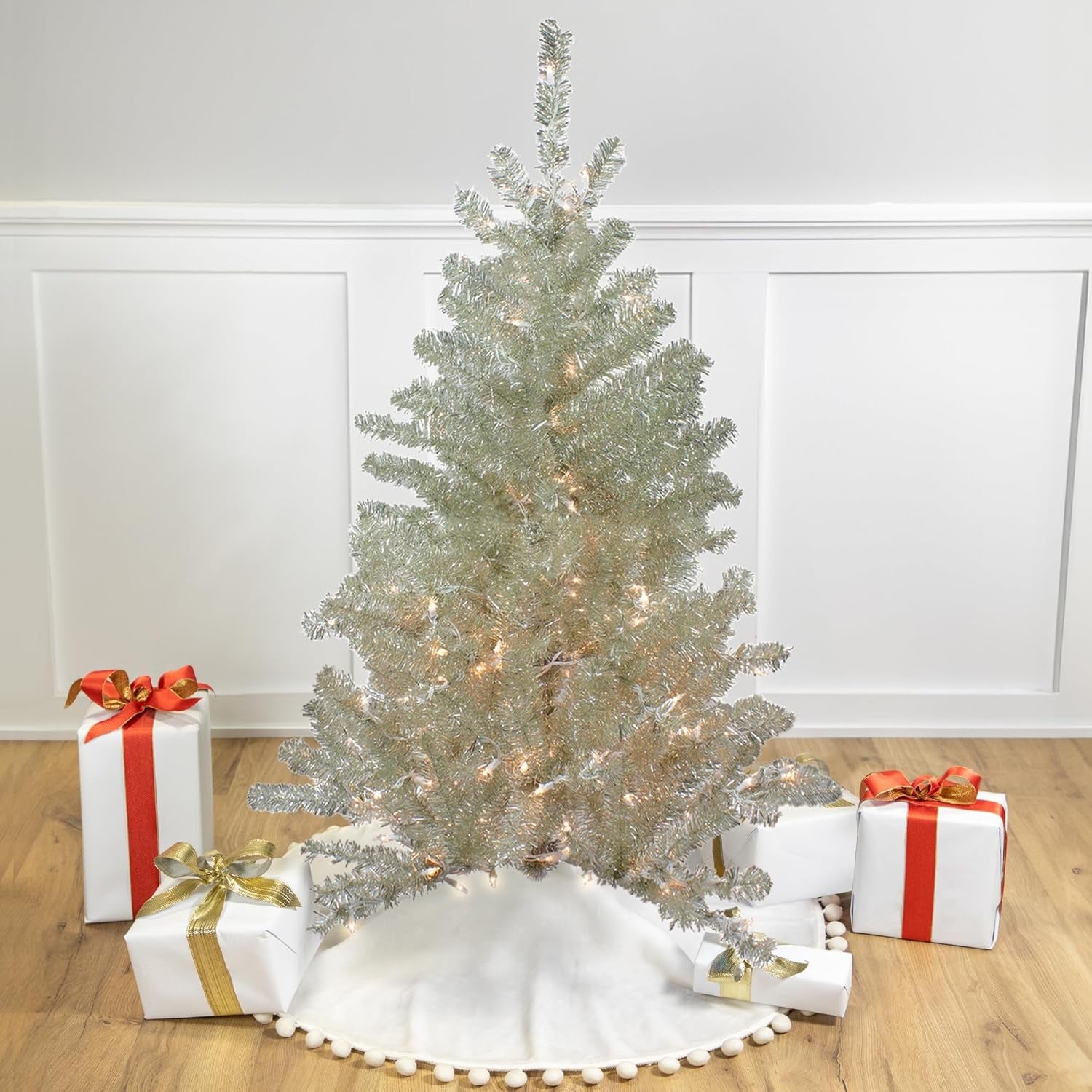 4.5' Soft Metallic Champagne Artificial Tinsel Christmas Tree - Clear Lights