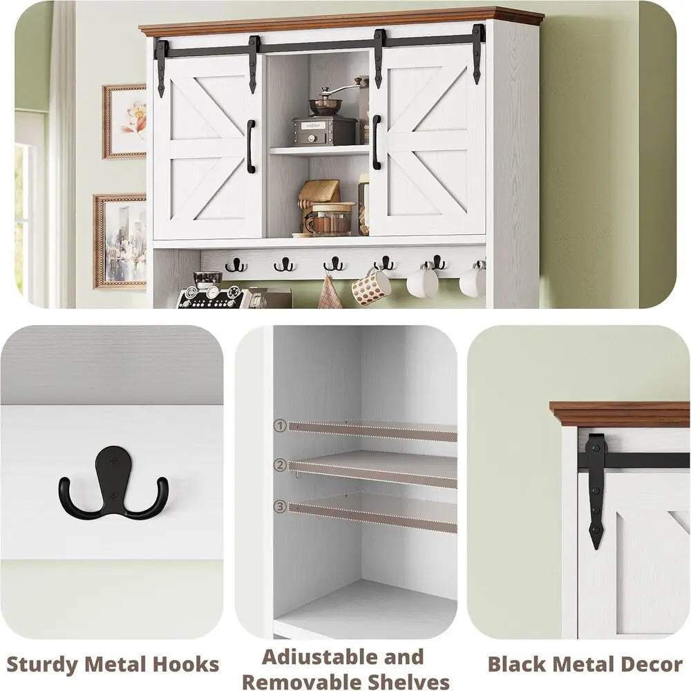 IRONCK 72" Kitchen Pantry Storage Cabinet, Farmhouse Kitchen Hutch with Microwave Stand & Charging Station, Trash Can Cabinet