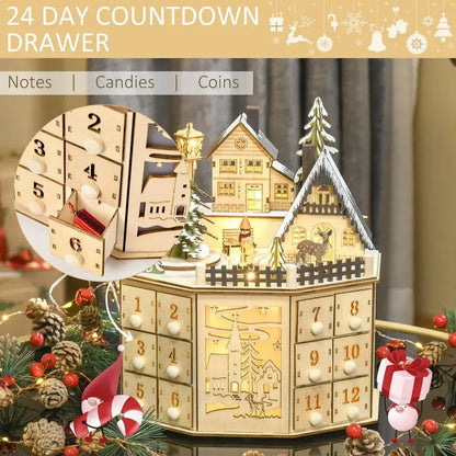 Christmas Wooden Advent Calendar with LED Light & Music Countdown Calendar with 24 Storage Drawers for Xmas Party Decorations