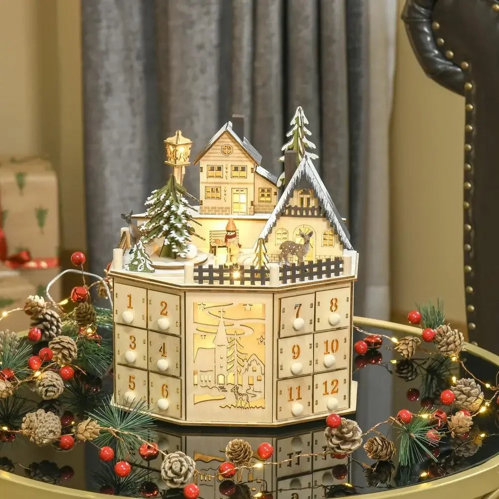 Christmas Wooden Advent Calendar with LED Light & Music Countdown Calendar with 24 Storage Drawers for Xmas Party Decorations