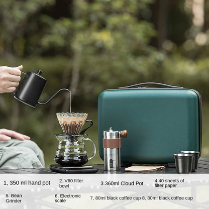 5~9pcs Pour Over Coffee Sets Coffee Bean Grinder Drip Kettle Coffee Pot Outdoor Travel Wilderness Kit Gift Box Camping Picnic