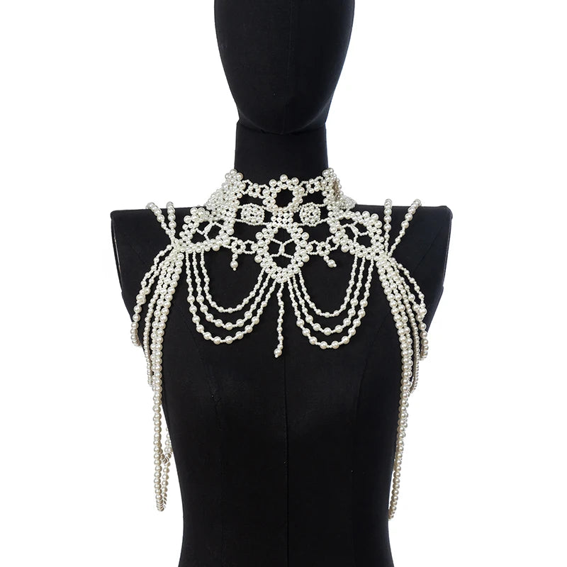 European style multi-layered Pearl body chain Body Chain Fashion Exaggerated Necklace Vintage shoulder Chain jewelry Advanced se