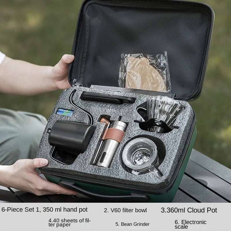 5~9pcs Pour Over Coffee Sets Coffee Bean Grinder Drip Kettle Coffee Pot Outdoor Travel Wilderness Kit Gift Box Camping Picnic