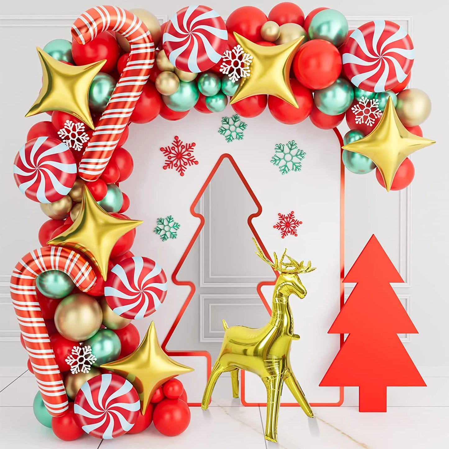 Christmas crutches, candy, golden deer, balloon decoration, red, green, four cornered stars, home, school, shopping mall,