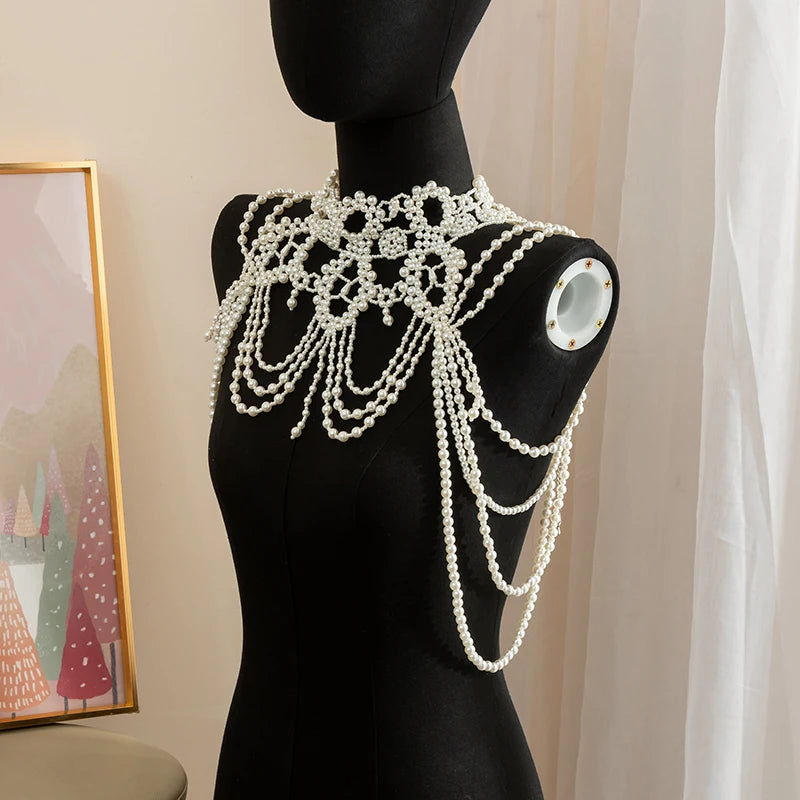 European style multi-layered Pearl body chain Body Chain Fashion Exaggerated Necklace Vintage shoulder Chain jewelry Advanced se