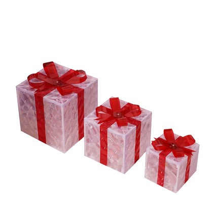 Set of 3 Christmas Lighted Gift Boxes with Bowknot Light Up Christmas Boxes Xmas Ornament for Xmas Holiday Party Indoor Outdoor