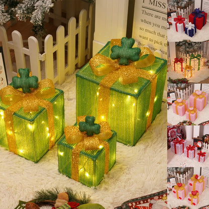 Set of 3 Christmas Lighted Gift Boxes with Bowknot Light Up Christmas Boxes Xmas Ornament for Xmas Holiday Party Indoor Outdoor