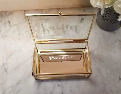 Personalized Glass Jewelry Box for Bridesmaids and Birthdays Gold and White Bridesmaid Proposal Gift For Her Mother's Day Gift