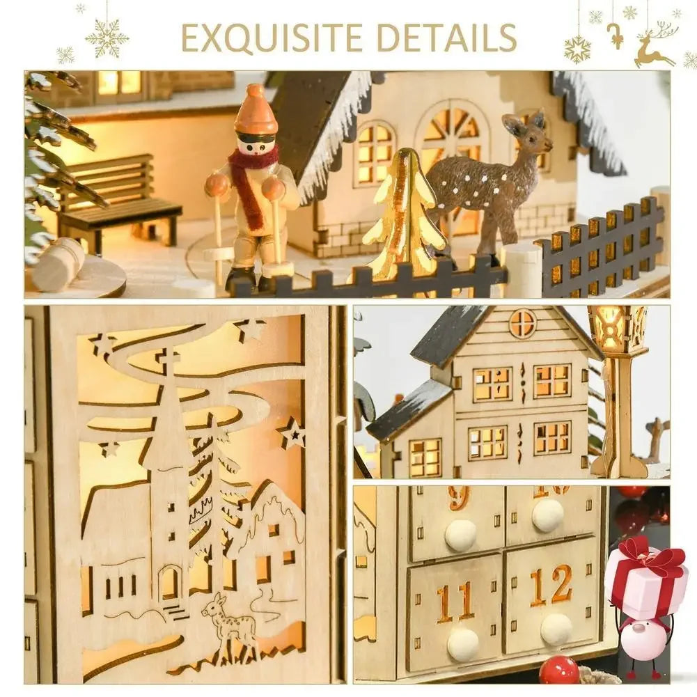 Christmas Wooden Advent Calendar with LED Light & Music Countdown Calendar with 24 Storage Drawers for Xmas Party Decorations