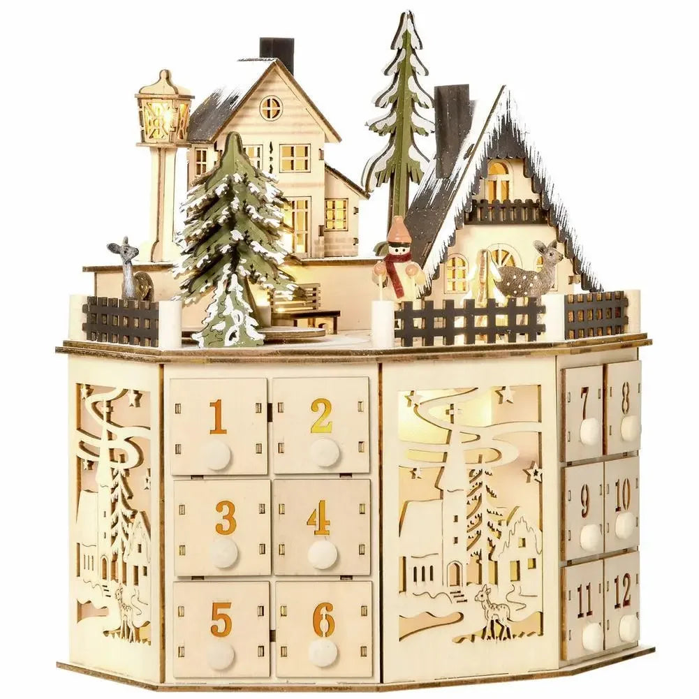 Christmas Wooden Advent Calendar with LED Light & Music Countdown Calendar with 24 Storage Drawers for Xmas Party Decorations