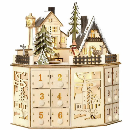 Christmas Wooden Advent Calendar with LED Light & Music Countdown Calendar with 24 Storage Drawers for Xmas Party Decorations