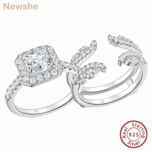 Newshe 925 Sterling Silver 3Ct Wedding Rings Set for Women Princess Cut Engagement Ring Open Enhancer Band Cubic Zircon Jewelry