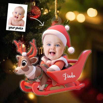 Christmas Car Ornament with Baby Photo, Personalized Name & Custom Text, Festive Holiday Hanging Decoration Keepsake