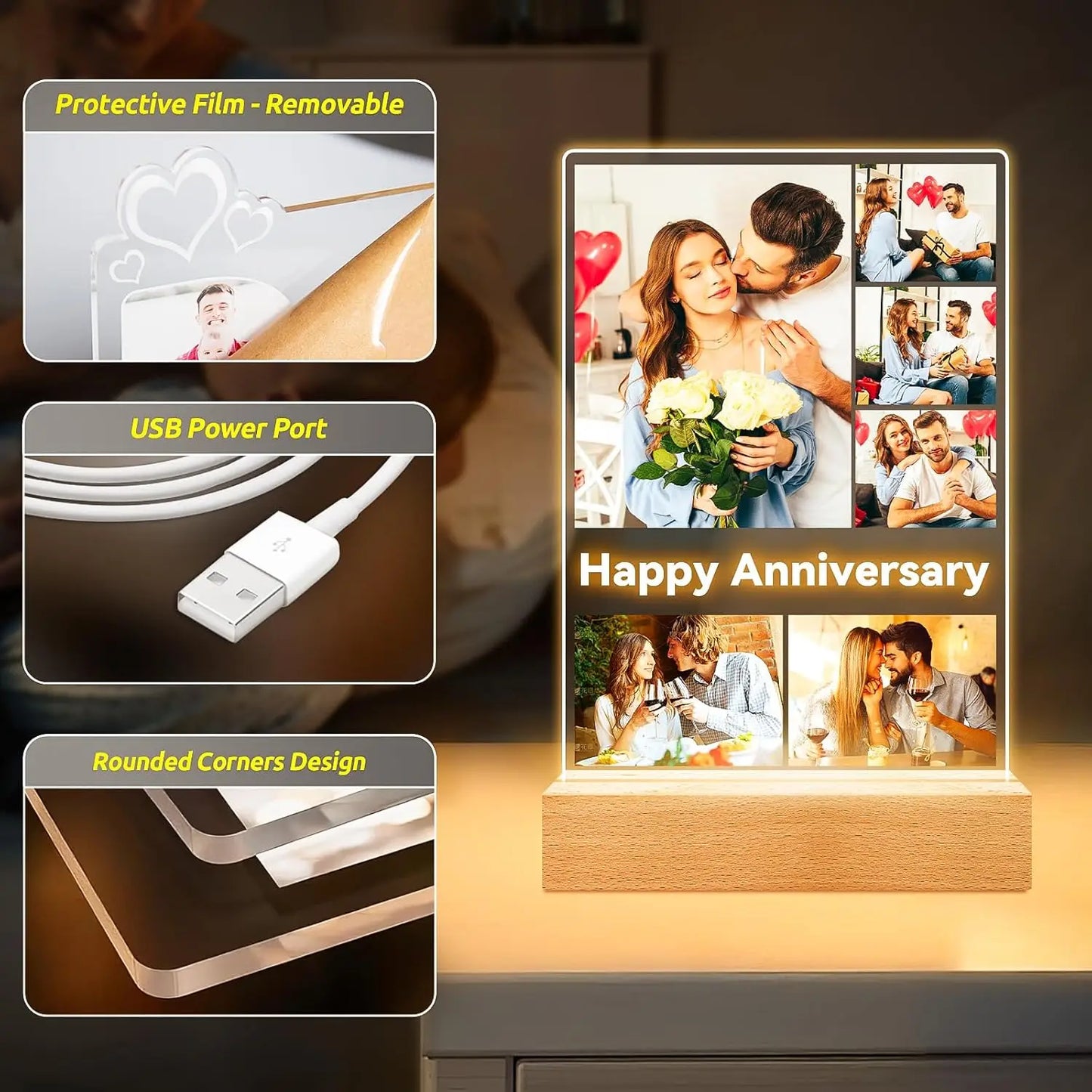 Custom Acrylic Plaque Christmas Birthday Gifts for Mom Personalized Photo Frame with Night Light Best Dad Ever Family Xmas Gifts