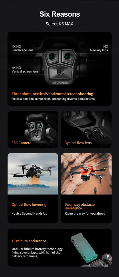 New light Flow professional UAV K6 MAX 4K HD three camera with WIFI FPV 360° obstacle avoidance quadcopter children's toy