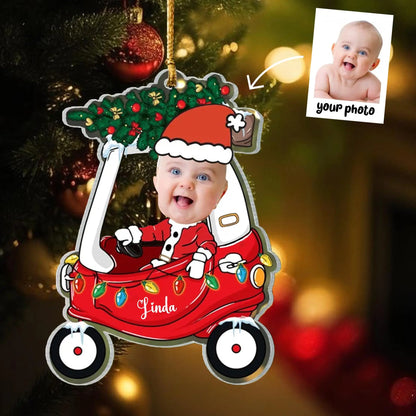 Christmas Car Ornament with Baby Photo, Personalized Name & Custom Text, Festive Holiday Hanging Decoration Keepsake