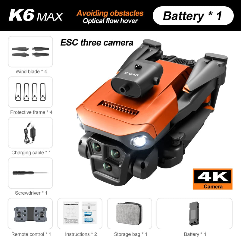 New light Flow professional UAV K6 MAX 4K HD three camera with WIFI FPV 360° obstacle avoidance quadcopter children's toy