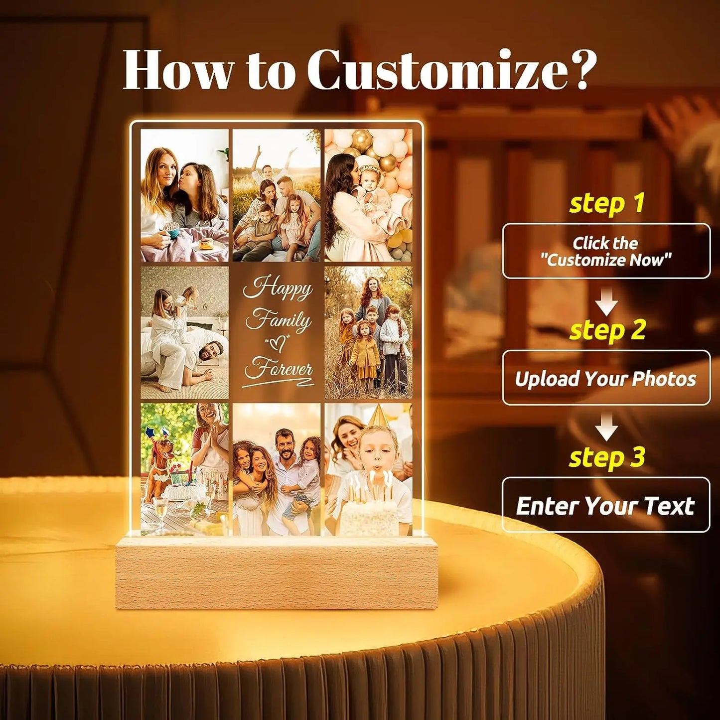 Custom Acrylic Plaque Christmas Birthday Gifts for Mom Personalized Photo Frame with Night Light Best Dad Ever Family Xmas Gifts