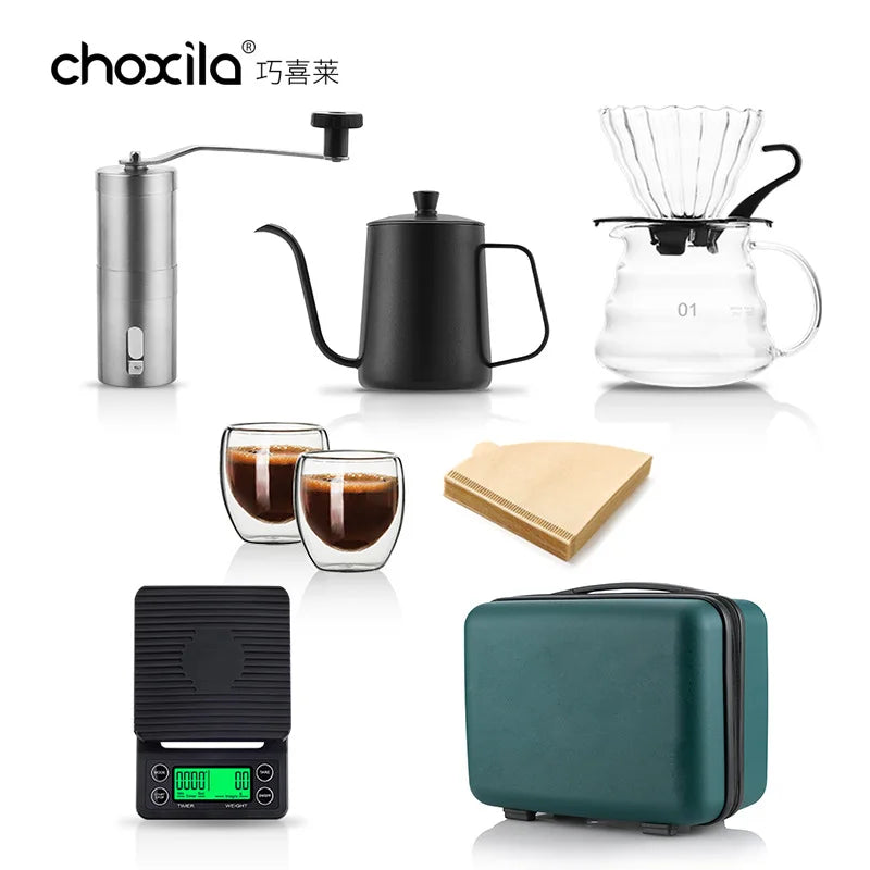 5~9pcs Pour Over Coffee Sets Coffee Bean Grinder Drip Kettle Coffee Pot Outdoor Travel Wilderness Kit Gift Box Camping Picnic