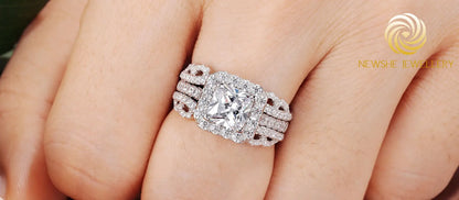 Newshe 925 Sterling Silver 3Ct Wedding Rings Set for Women Princess Cut Engagement Ring Open Enhancer Band Cubic Zircon Jewelry
