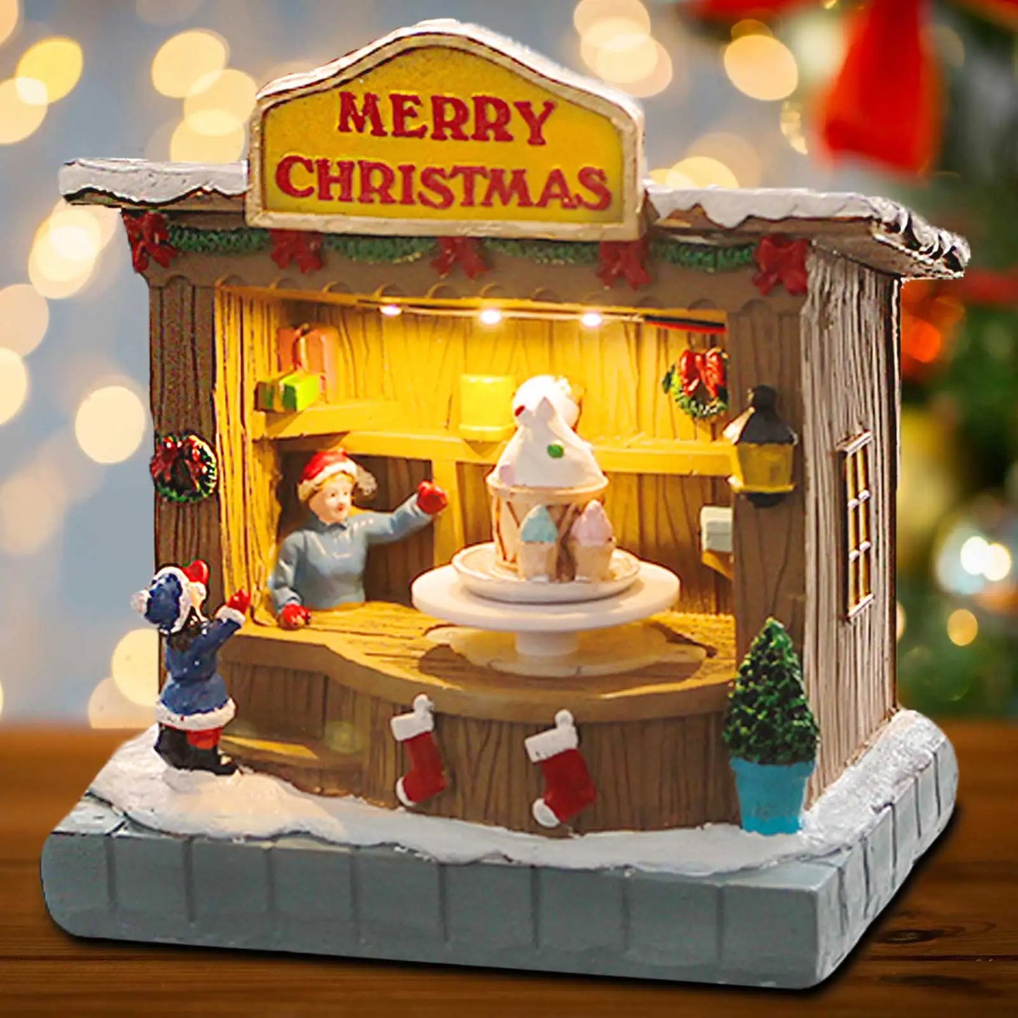 Animated Christmas Village Accessories Decor with Music and LED Lights - Bring Festive Cheer to Your Home with Our Icecream Shop
