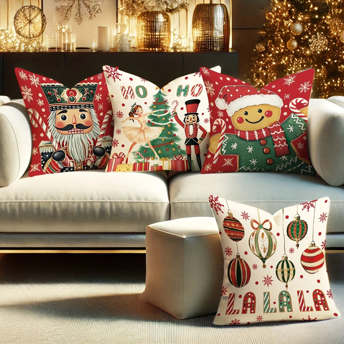 Christmas Magic: Festive Nutcracker, Gingerbread, and Ornament-Printed Pillowcases sofas, bedroom pillow covers, holiday gifts