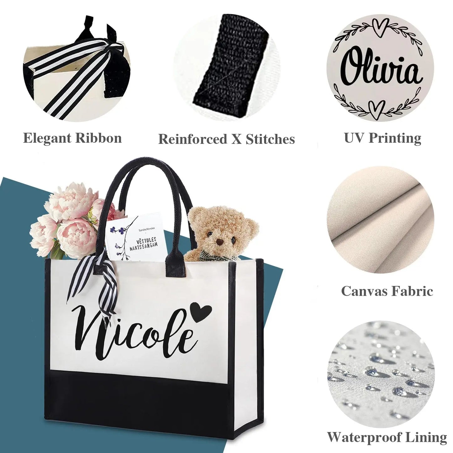 Personalized Tote Bag for Women Custom Beach Bags with Name Best Friend Gifts for Birthday Wedding Bride Bridesmaid