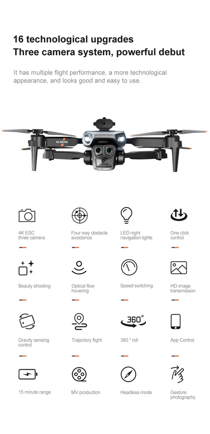 New light Flow professional UAV K6 MAX 4K HD three camera with WIFI FPV 360° obstacle avoidance quadcopter children's toy