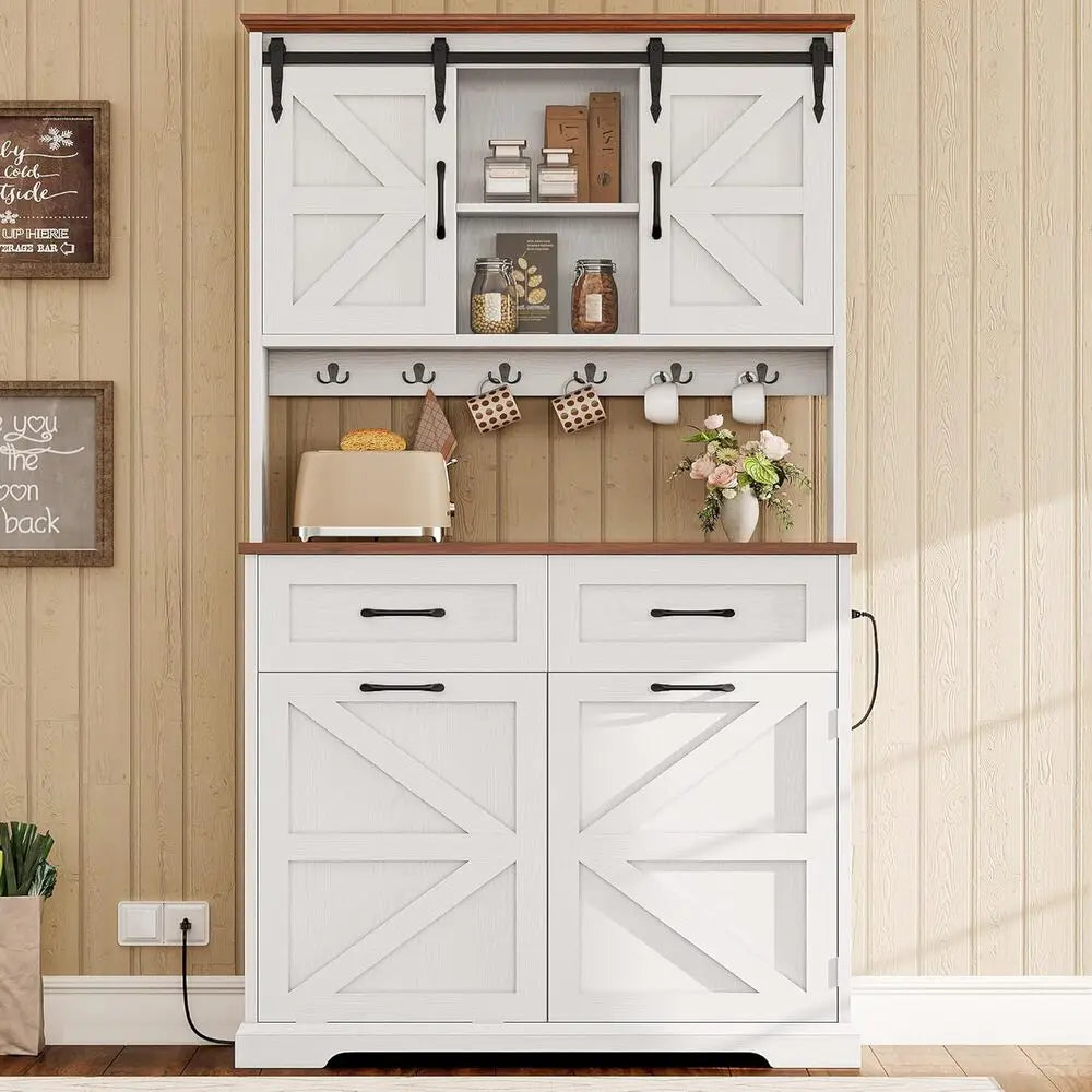 IRONCK 72" Kitchen Pantry Storage Cabinet, Farmhouse Kitchen Hutch with Microwave Stand & Charging Station, Trash Can Cabinet